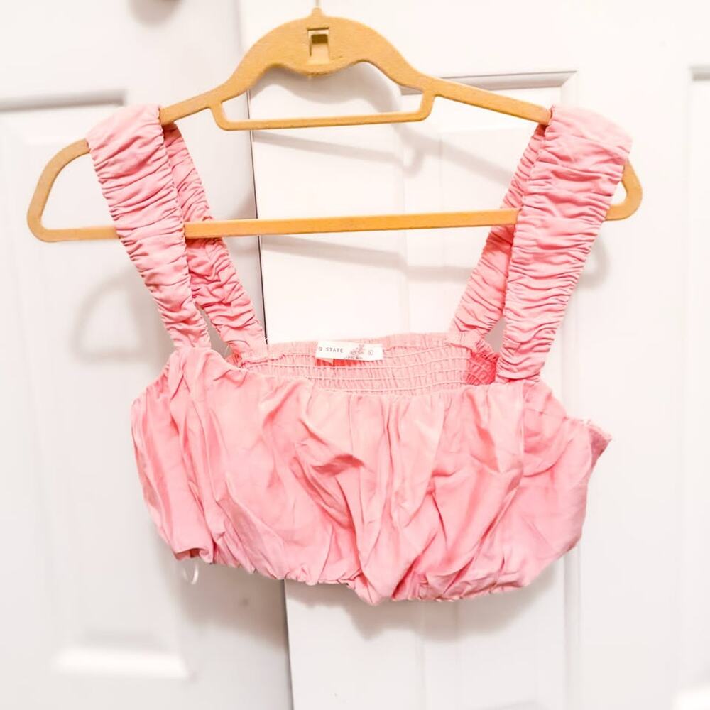 NEW Altar'd State Pink Smocked Ruffle Strap Crop Top Women's Size L